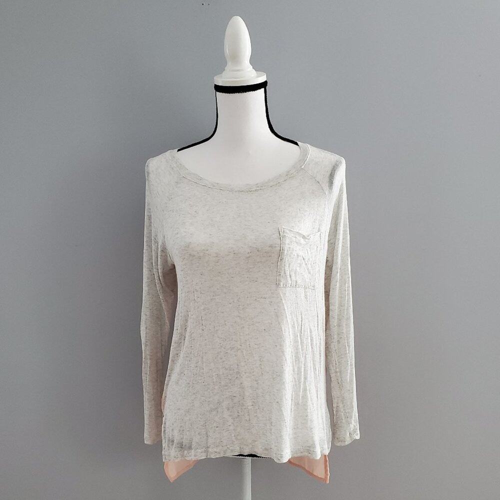 Hearts Gray Pink Sheer Panel High Low Long Sleeve Top L